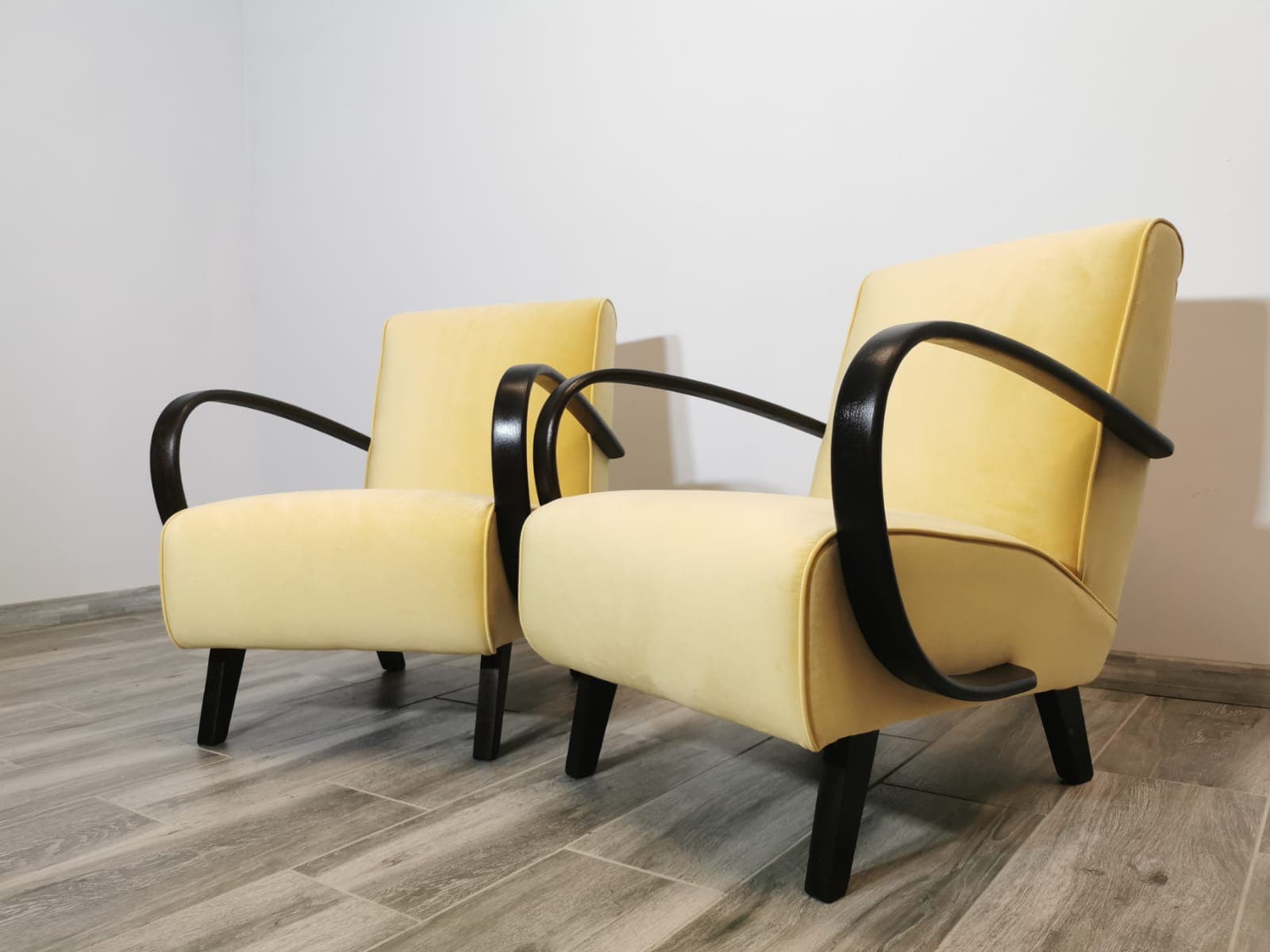 Pair of armchairs H 410, beige velvet, by J. Halabala, UP Závody, Czechoslovakia, 1960s. - 48607