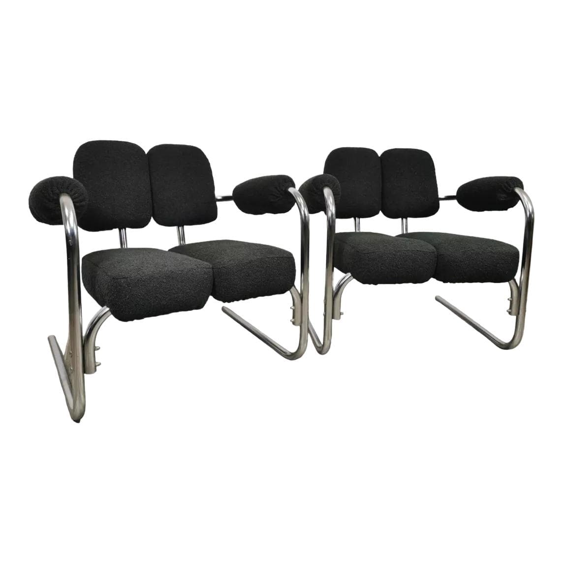Pair of armchairs, mid-century, black bouclé, chrome steel, 1970s.