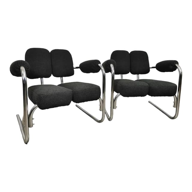 Pair of armchairs, mid-century, black bouclé, chrome steel, 1970s. - DIMENSION