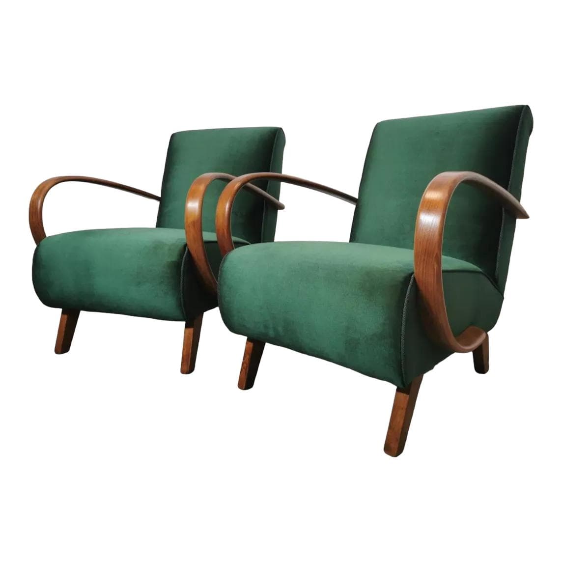 Pair of armchairs H 410, green velvet, walnut, by J. Halabala, UP Závody, Czechoslovakia, 1960s.