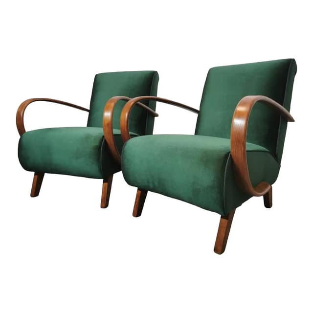 Pair of armchairs H 410, green velvet, walnut, by J. Halabala, UP Závody, Czechoslovakia, 1960s. - DIMENSION