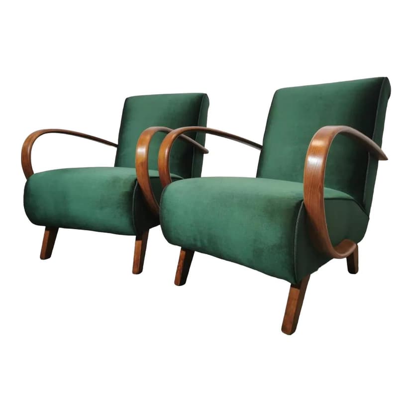 Pair of armchairs H 410, green velvet, walnut, by J. Halabala, UP Závody, Czechoslovakia, 1960s.
