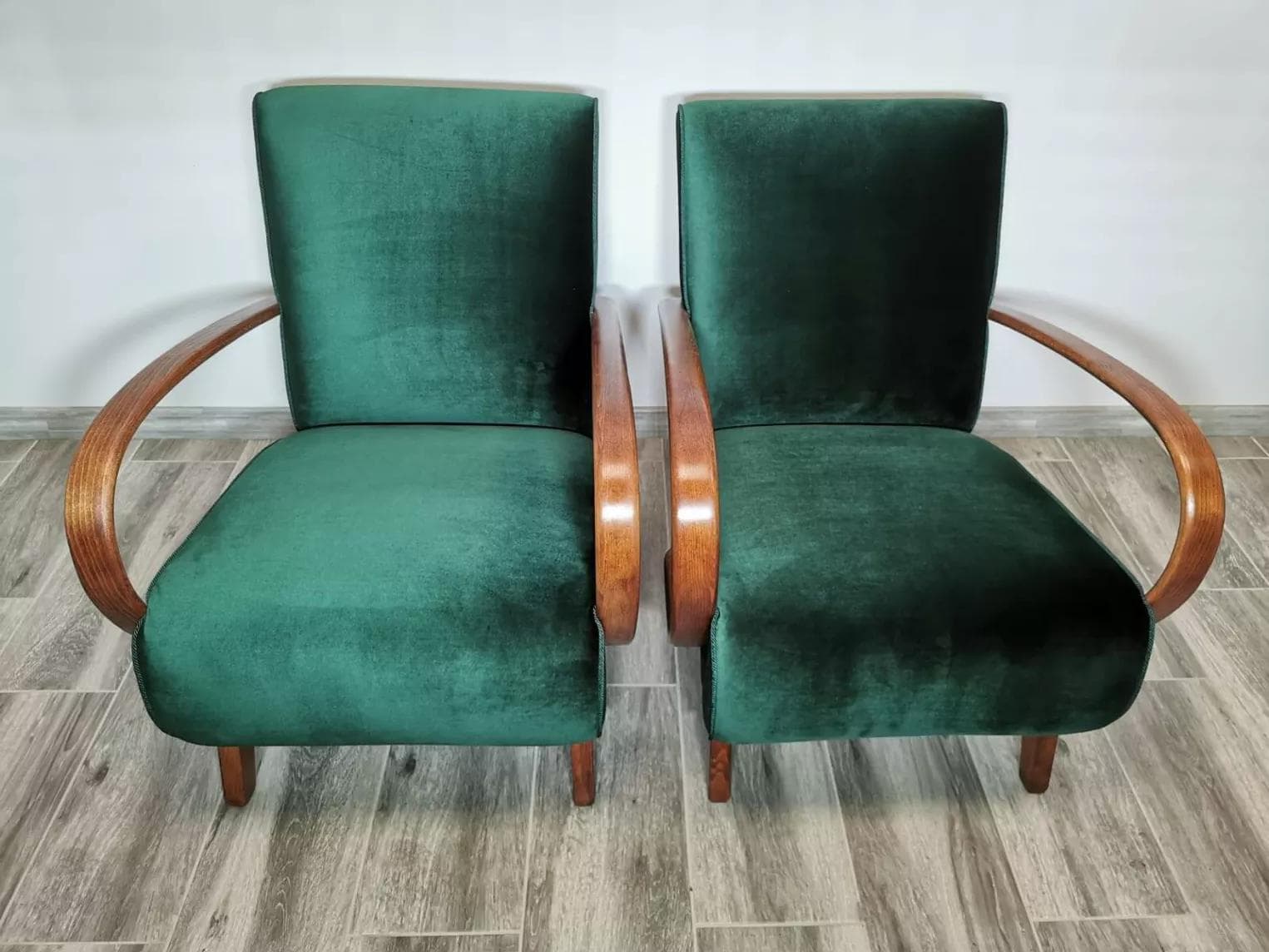 Pair of armchairs H 410, green velvet, walnut, by J. Halabala, UP Závody, Czechoslovakia, 1960s. - 48597
