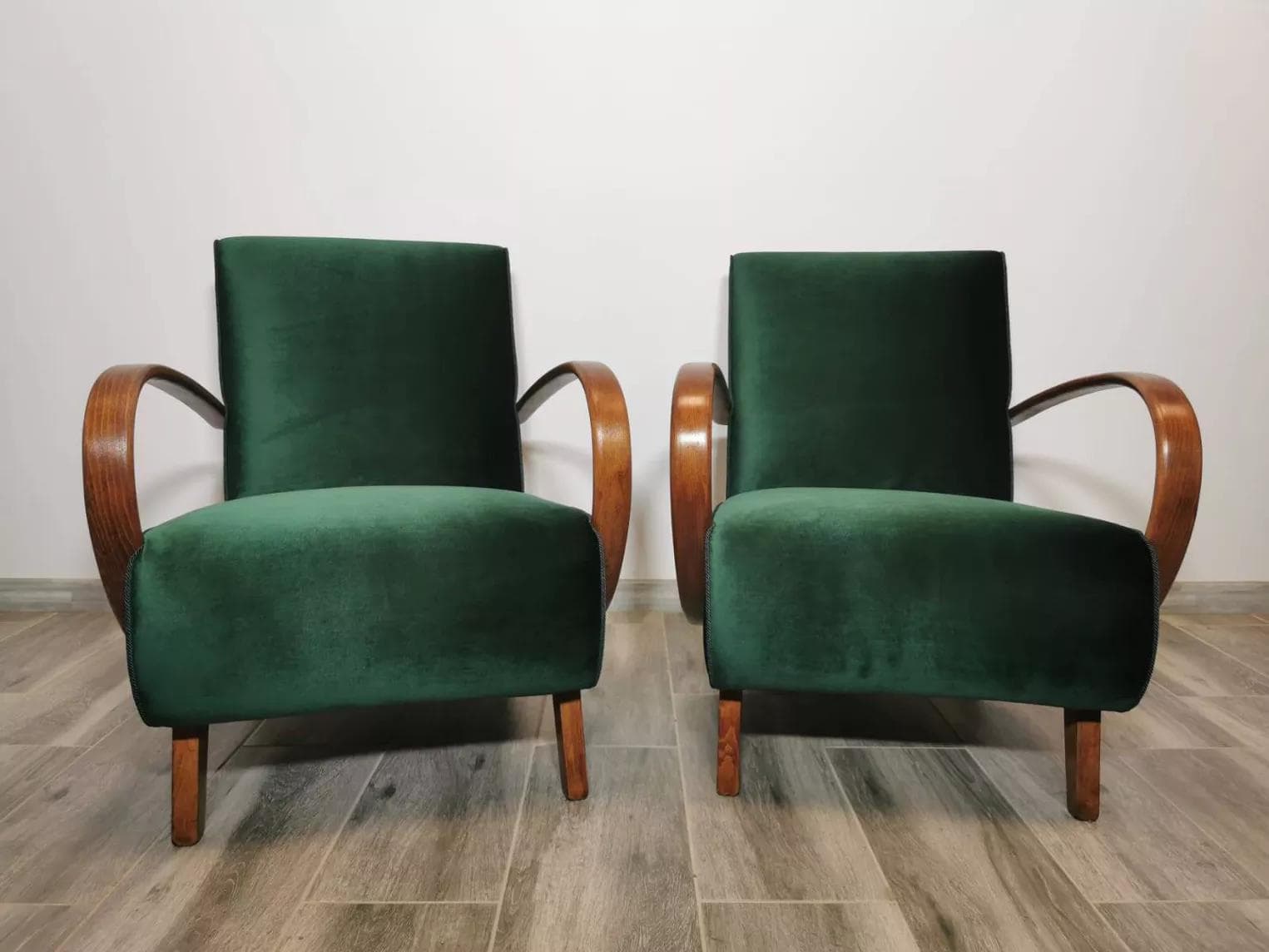 Pair of armchairs H 410, green velvet, walnut, by J. Halabala, UP Závody, Czechoslovakia, 1960s. - 48599