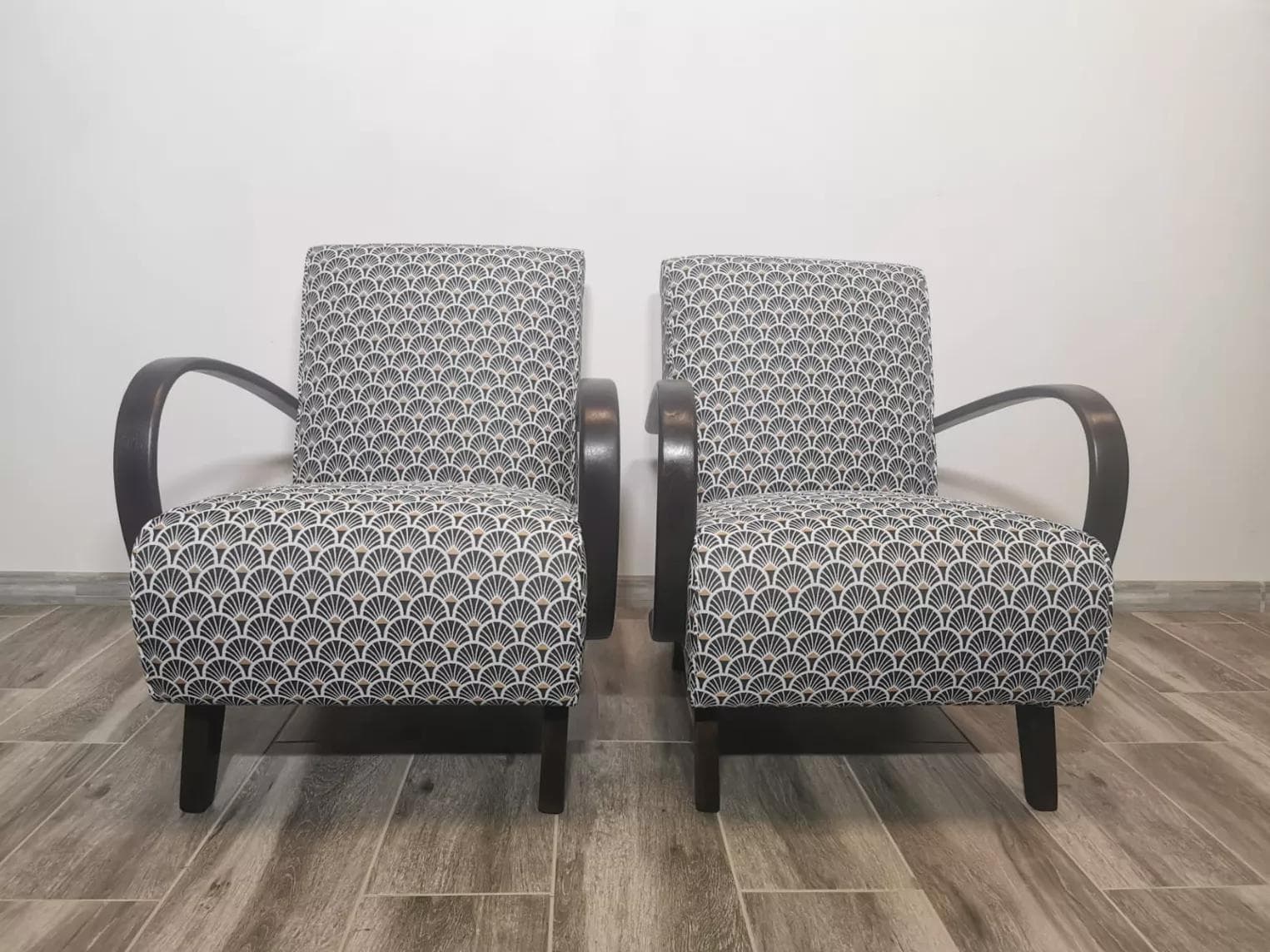 Pair of armchairs H 410, grey, wood, by J. Halabala, UP Závody, Czechoslovakia, 1960s. - 48590