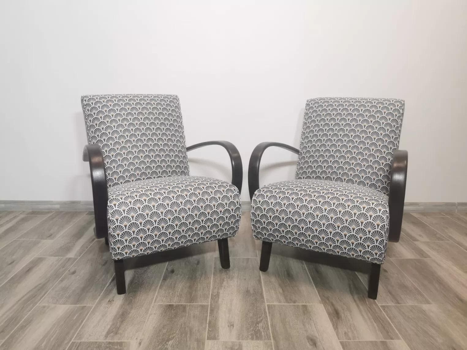 Pair of armchairs H 410, grey, wood, by J. Halabala, UP Závody, Czechoslovakia, 1960s. - 48589