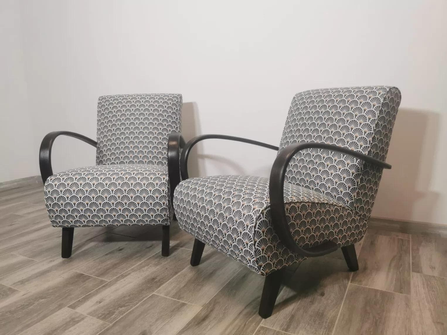 Pair of armchairs H 410, grey, wood, by J. Halabala, UP Závody, Czechoslovakia, 1960s. - 48591