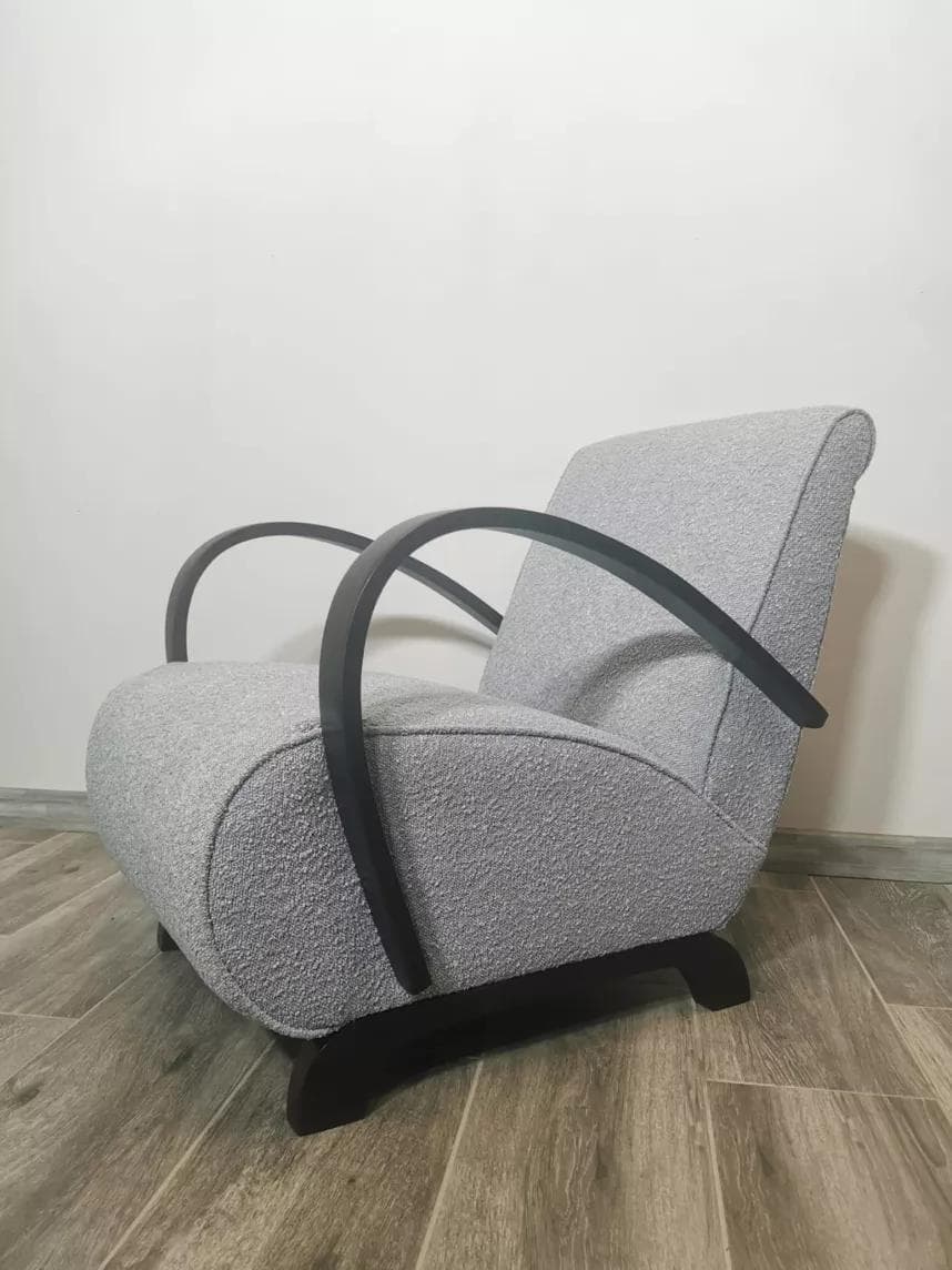 Armchair Art Deco, light grey, wood, by J. Halabala, UP Závody, Czechoslovakia, 1940s. - 48587