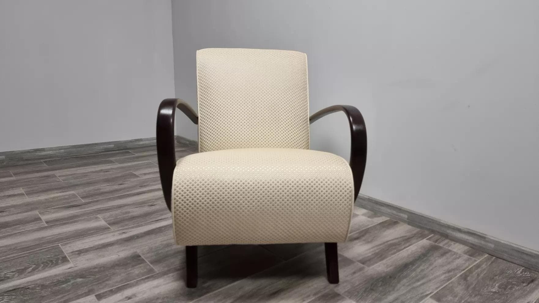 Armchair H 410, ivory white fabric, by J. Halabala, UP Závody, Czechoslovakia, 1950s. - 48577