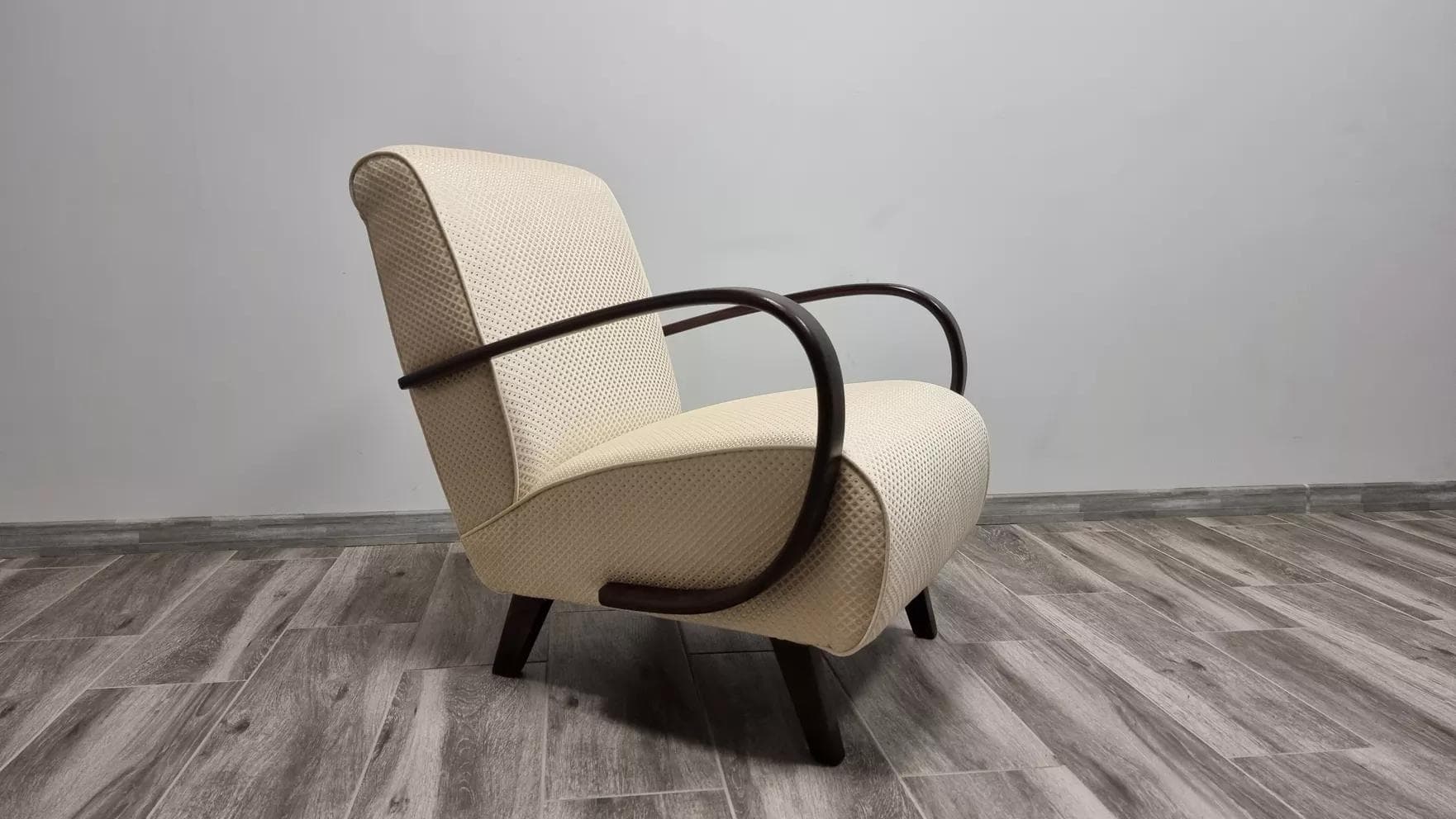 Armchair H 410, ivory white fabric, by J. Halabala, UP Závody, Czechoslovakia, 1950s. - 48578