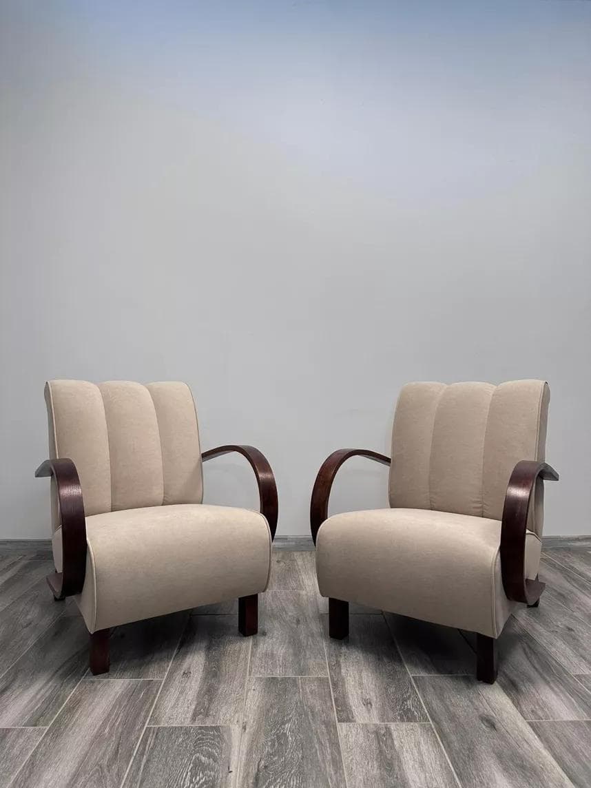 Pair of cocktail armchairs, beige upholstery, walnut wood, by J. Halabala, UP Závody, Czechoslovakia, 1950s. - 48571