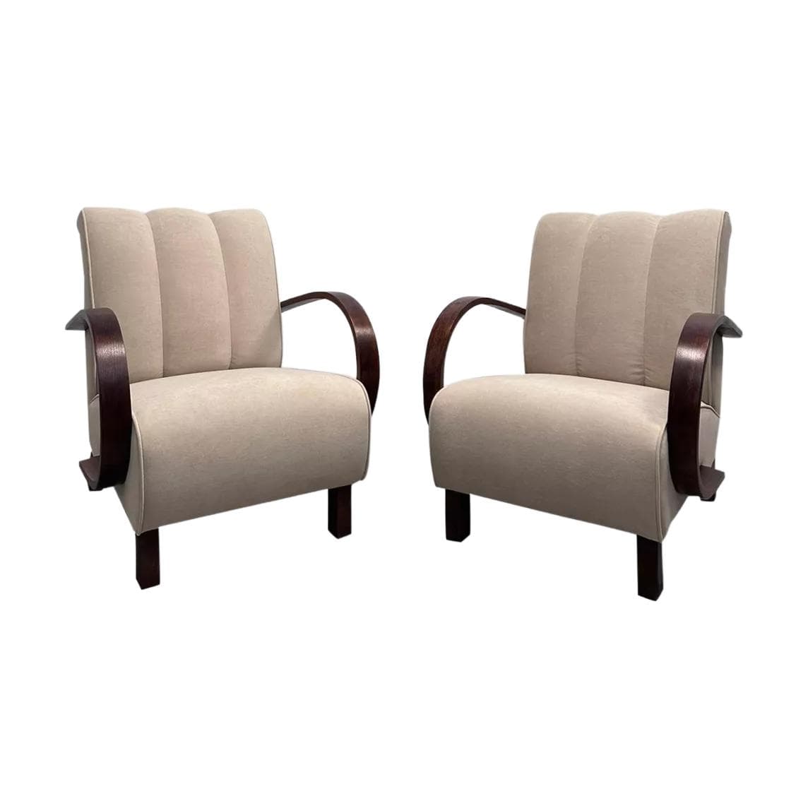 Pair of cocktail armchairs, beige upholstery, walnut wood, by J. Halabala, UP Závody, Czechoslovakia, 1950s.