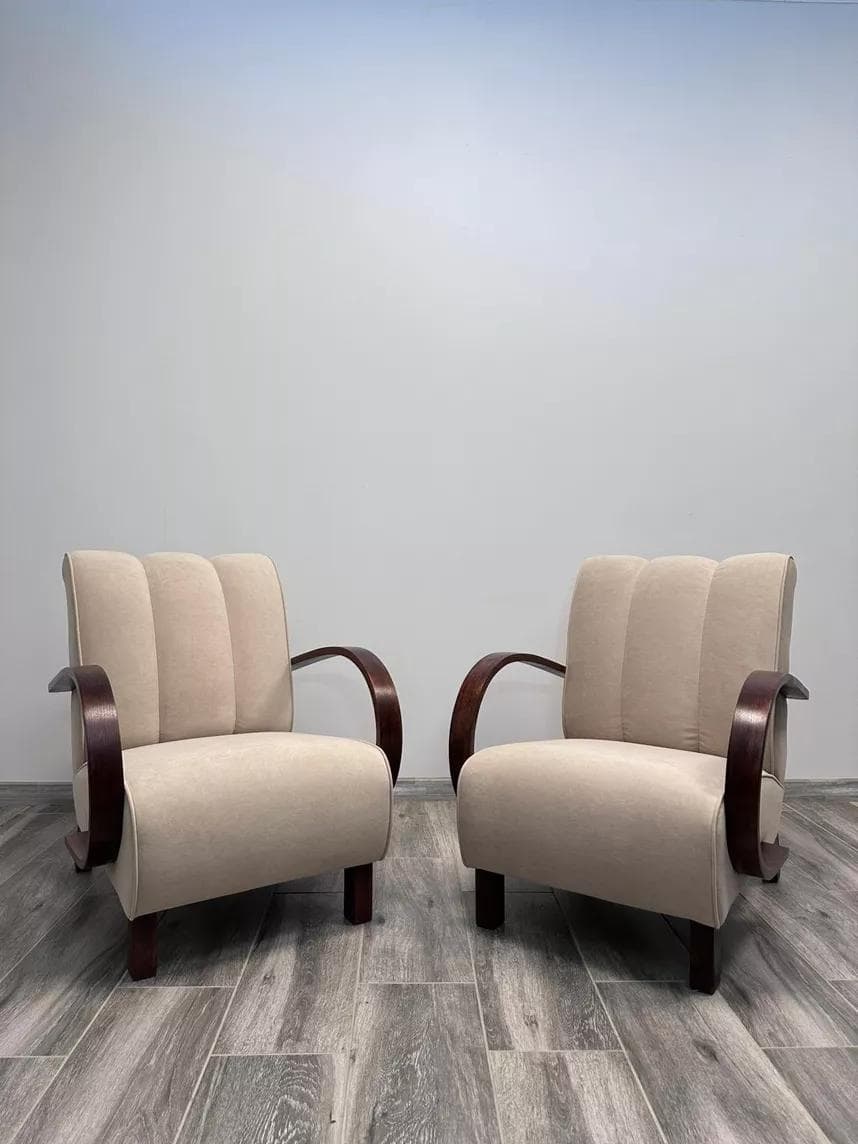 Pair of cocktail armchairs, beige upholstery, walnut wood, by J. Halabala, UP Závody, Czechoslovakia, 1950s. - 48570