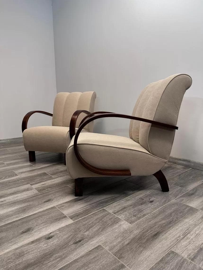 Pair of cocktail armchairs, beige upholstery, walnut wood, by J. Halabala, UP Závody, Czechoslovakia, 1950s. - 48569