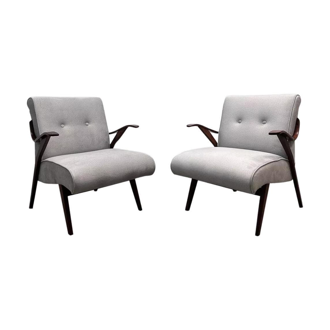 Pair of cocktail armchairs, grey fabric, wood, Czechoslovakia, 1960s.