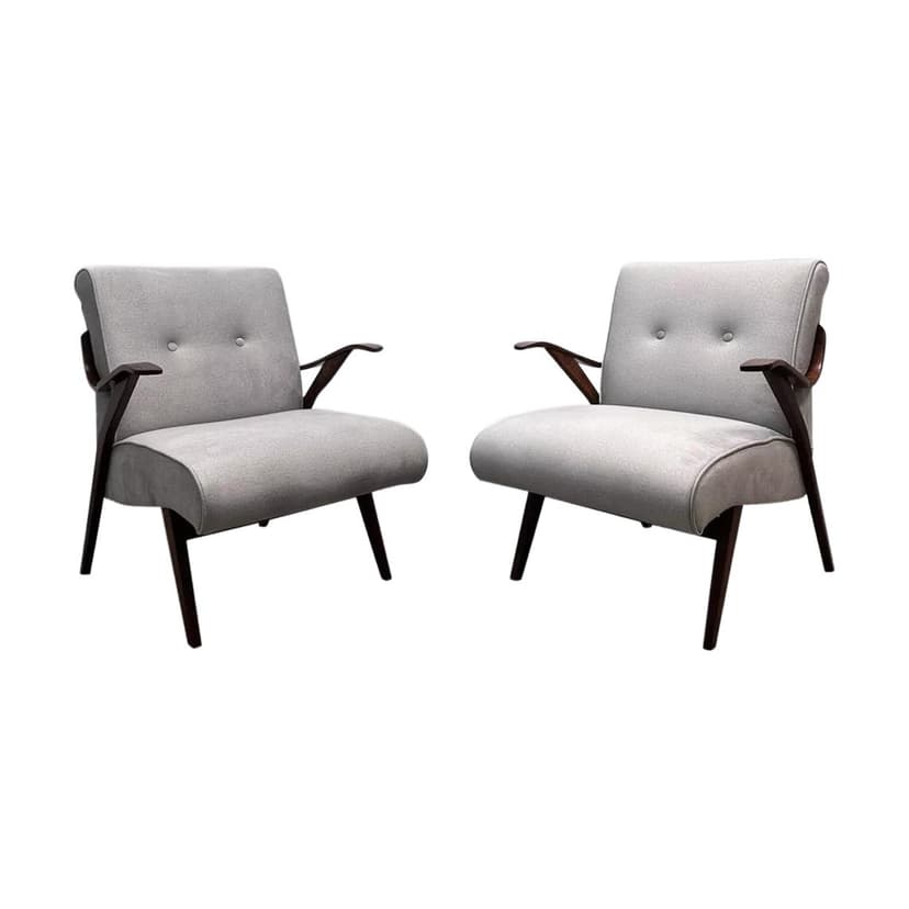 Pair of cocktail armchairs, grey fabric, wood, Czechoslovakia, 1960s.