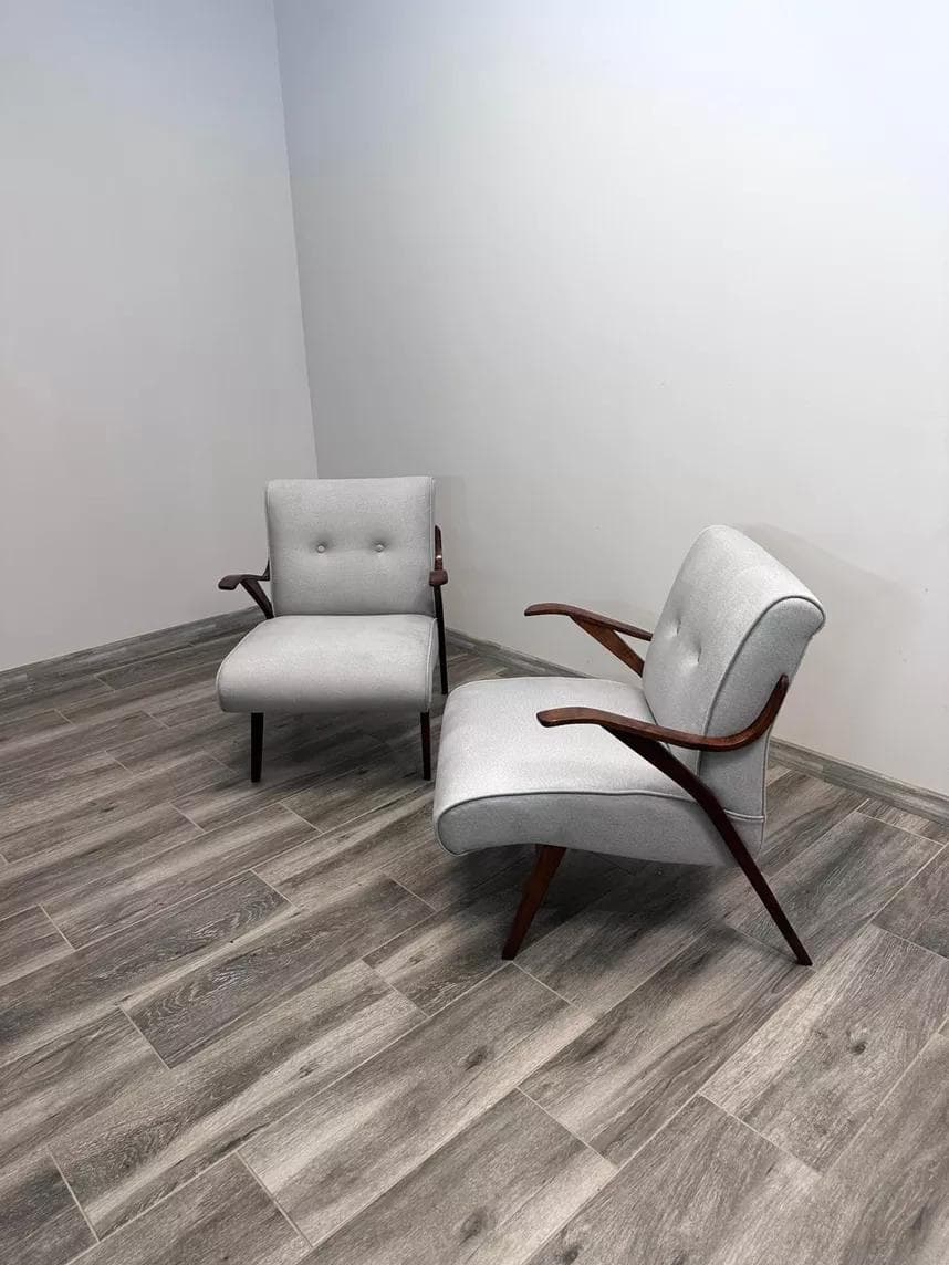 Pair of cocktail armchairs, grey fabric, wood, Czechoslovakia, 1960s. - 48566