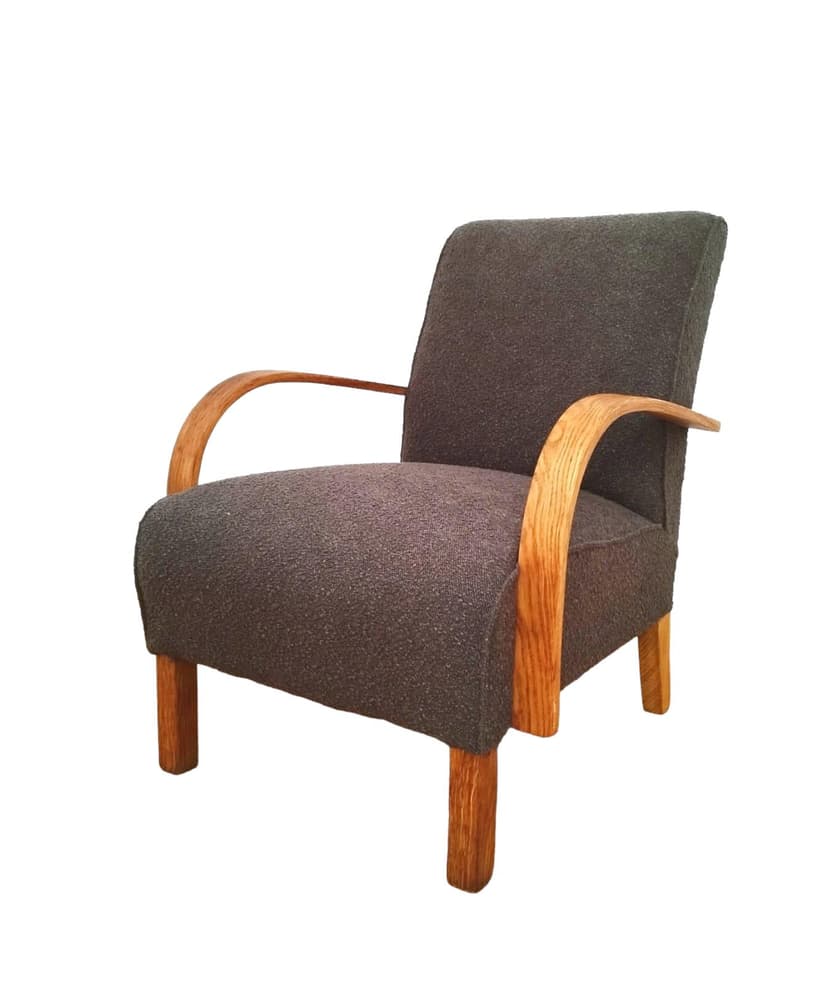 Armchair, graphite bouclé, oak-stained beech, Czechoslovakia, 1960s.