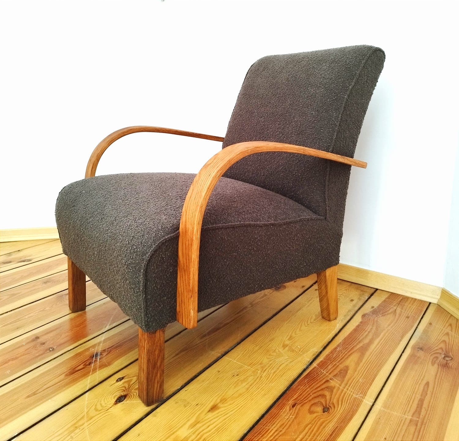Armchair, graphite bouclé, oak-stained beech, Czechoslovakia, 1960s. - 48563