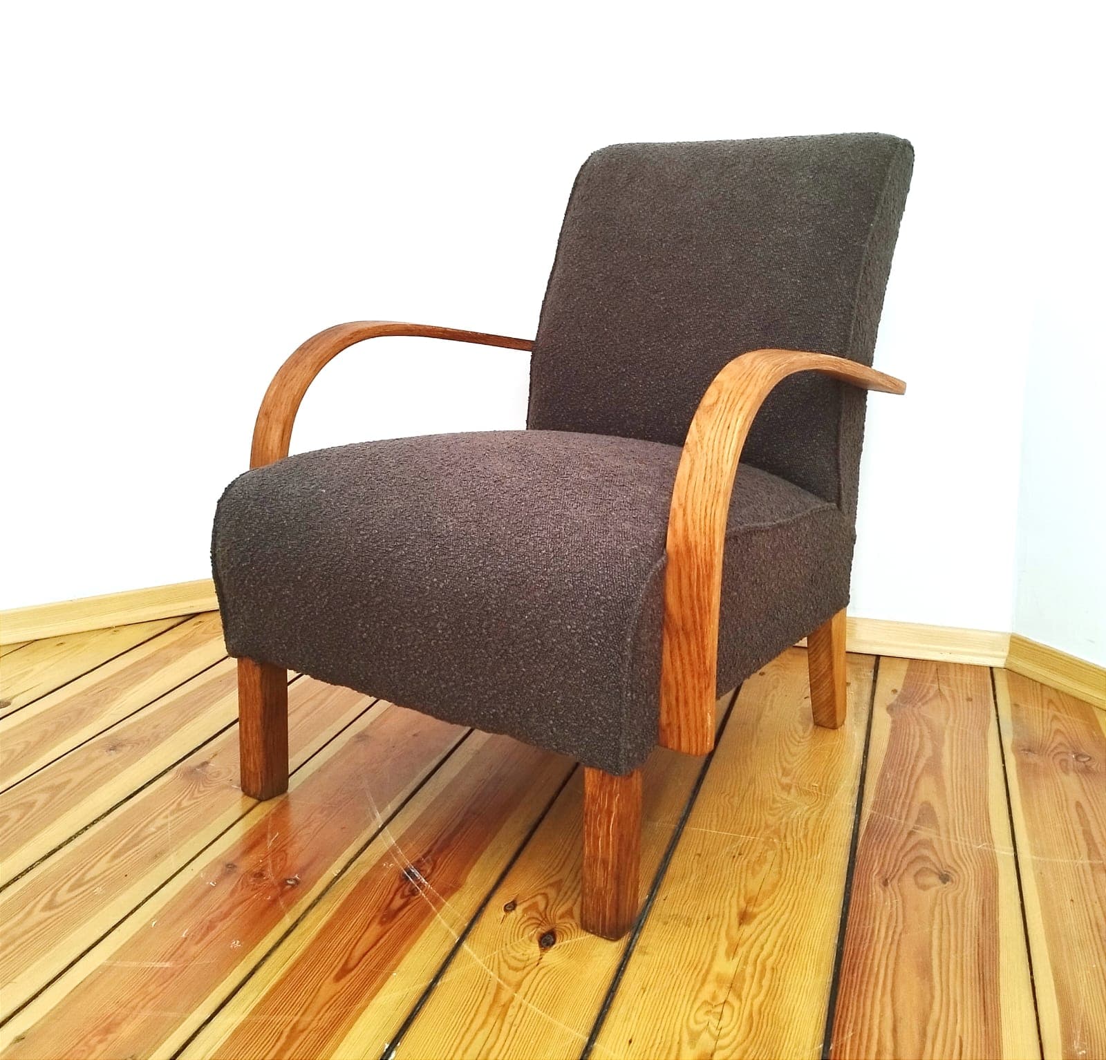 Armchair, graphite bouclé, oak-stained beech, Czechoslovakia, 1960s. - 48561