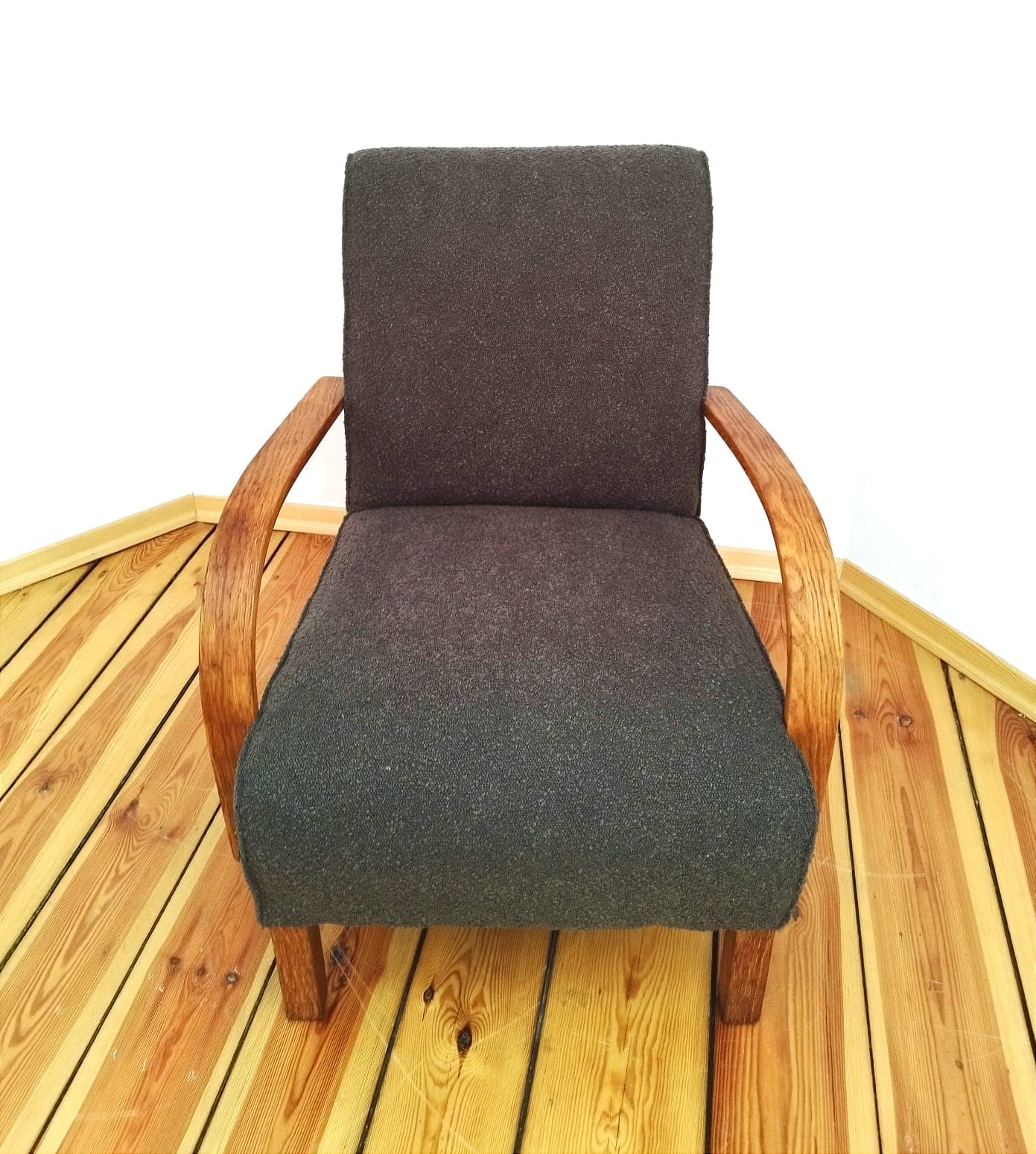 Armchair, graphite bouclé, oak-stained beech, Czechoslovakia, 1960s. - 48562