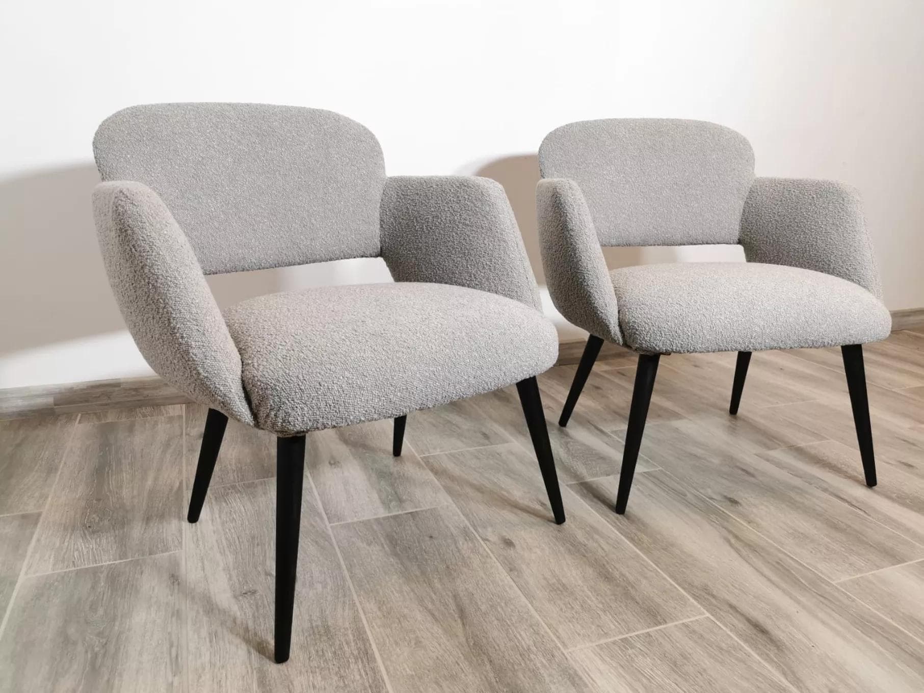 Pair of armchairs, light grey bouclé, black wood, Czechoslovakia, 1950s. - 48549