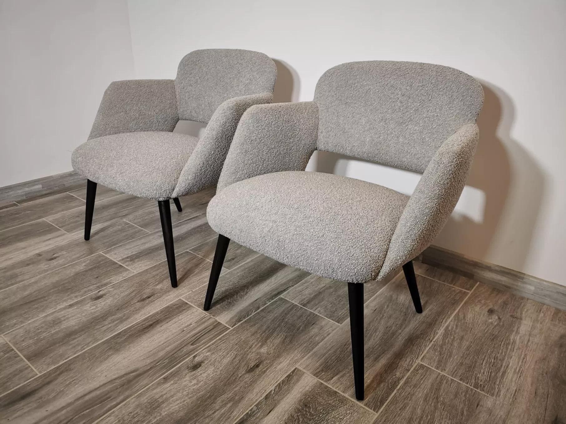 Pair of armchairs, light grey bouclé, black wood, Czechoslovakia, 1950s. - 48550