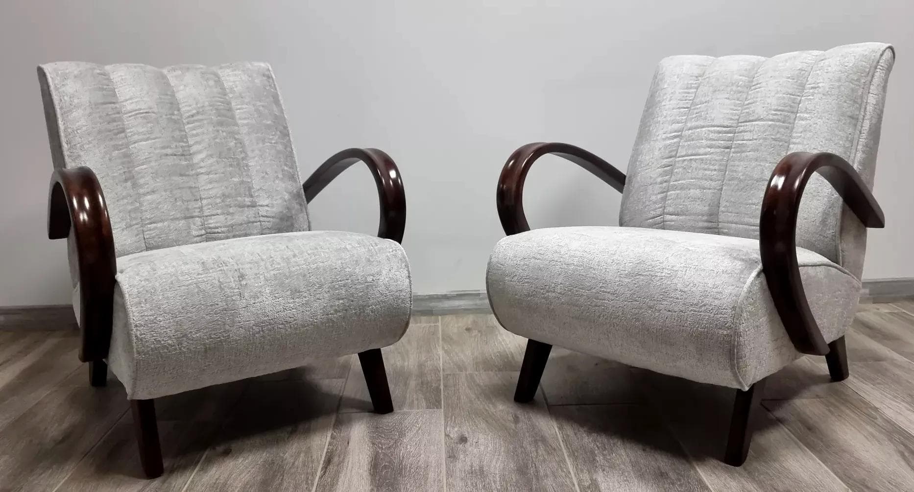 Pair of armchairs Art Deco, grey fabric, dark brown wood, by J. Halabala, Up Zavody, Czechoslovakia, 1960s. - 48546