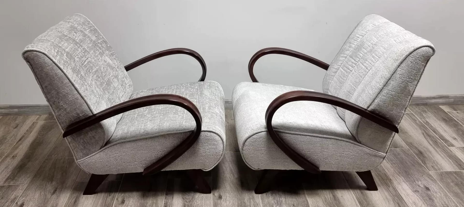 Pair of armchairs Art Deco, grey fabric, dark brown wood, by J. Halabala, Up Zavody, Czechoslovakia, 1960s. - 48547