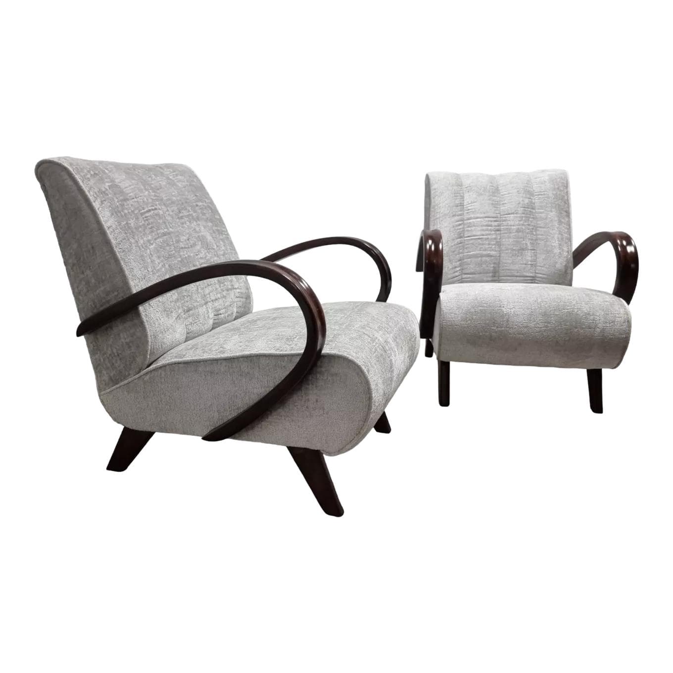 Pair of armchairs Art Deco, grey fabric, dark brown wood, by J. Halabala, Up Zavody, Czechoslovakia, 1960s.