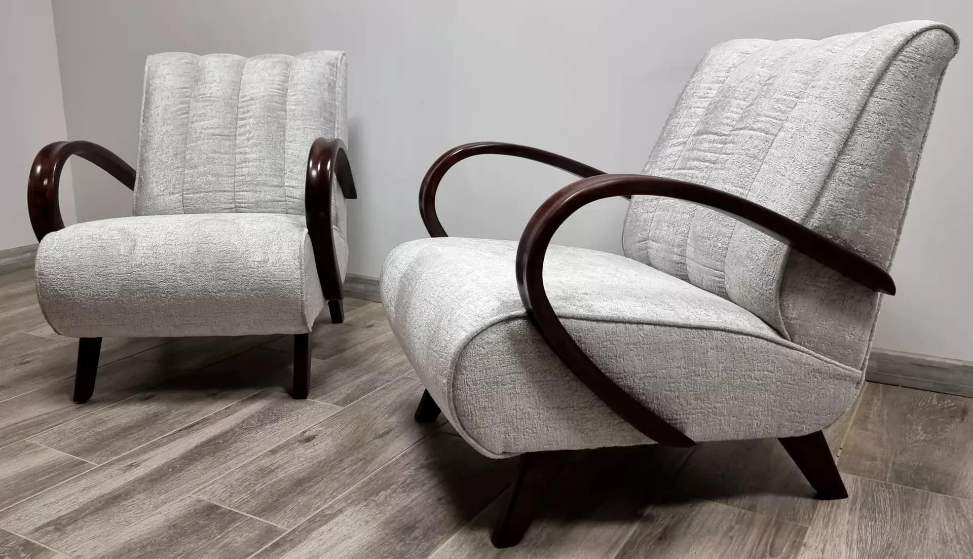 Pair of armchairs Art Deco, grey fabric, dark brown wood, by J. Halabala, Up Zavody, Czechoslovakia, 1960s. - 48545