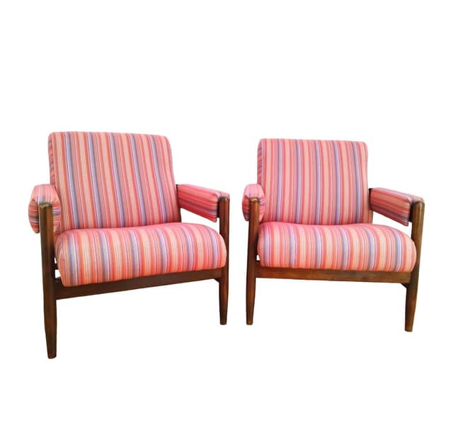 Pair of armchairs, mid-century modern, multicolor fabric, wood, 1960s. - DIMENSION