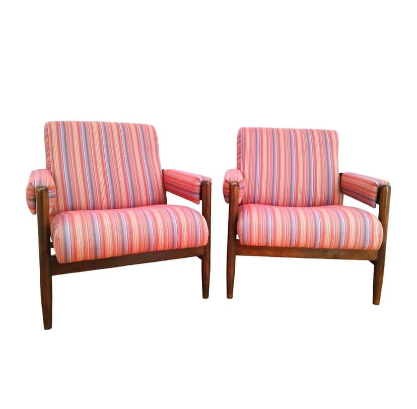 Pair of armchairs, mid-century modern, multicolor fabric, wood, 1960s.