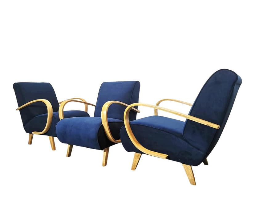 Set of three armchairs H 410, navy blue velvet, by J. Halabala, UP Závody, Czechoslovakia, 1950s.