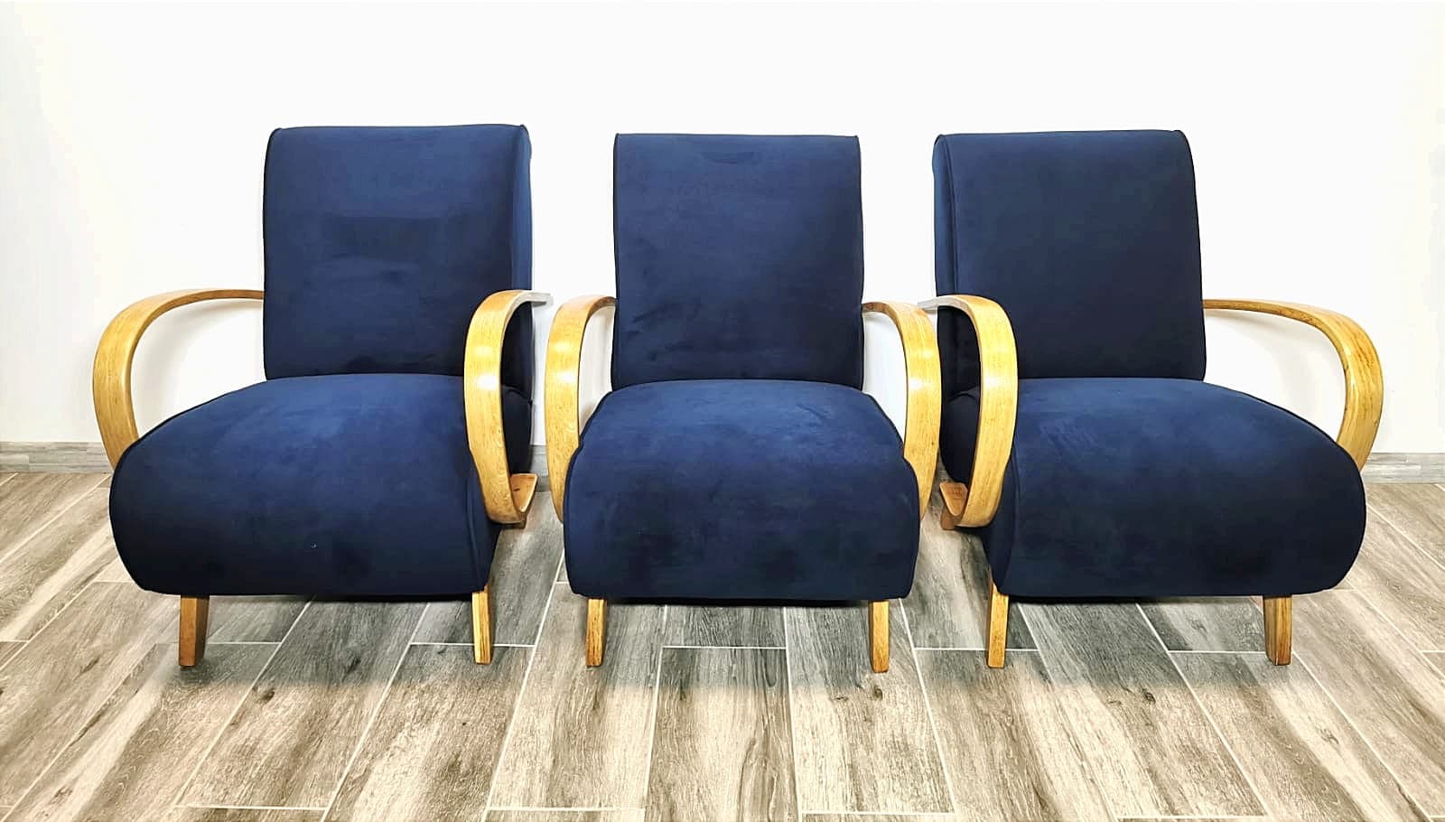 Set of three armchairs H 410, navy blue velvet, by J. Halabala, UP Závody, Czechoslovakia, 1950s. - 48537