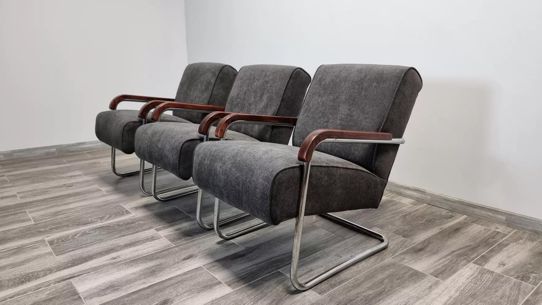 Armchairs Bauhaus, grey, chromed steel, walnut wood, by A. Lorenz, TON, Czech Republic, 1930s. - 48529