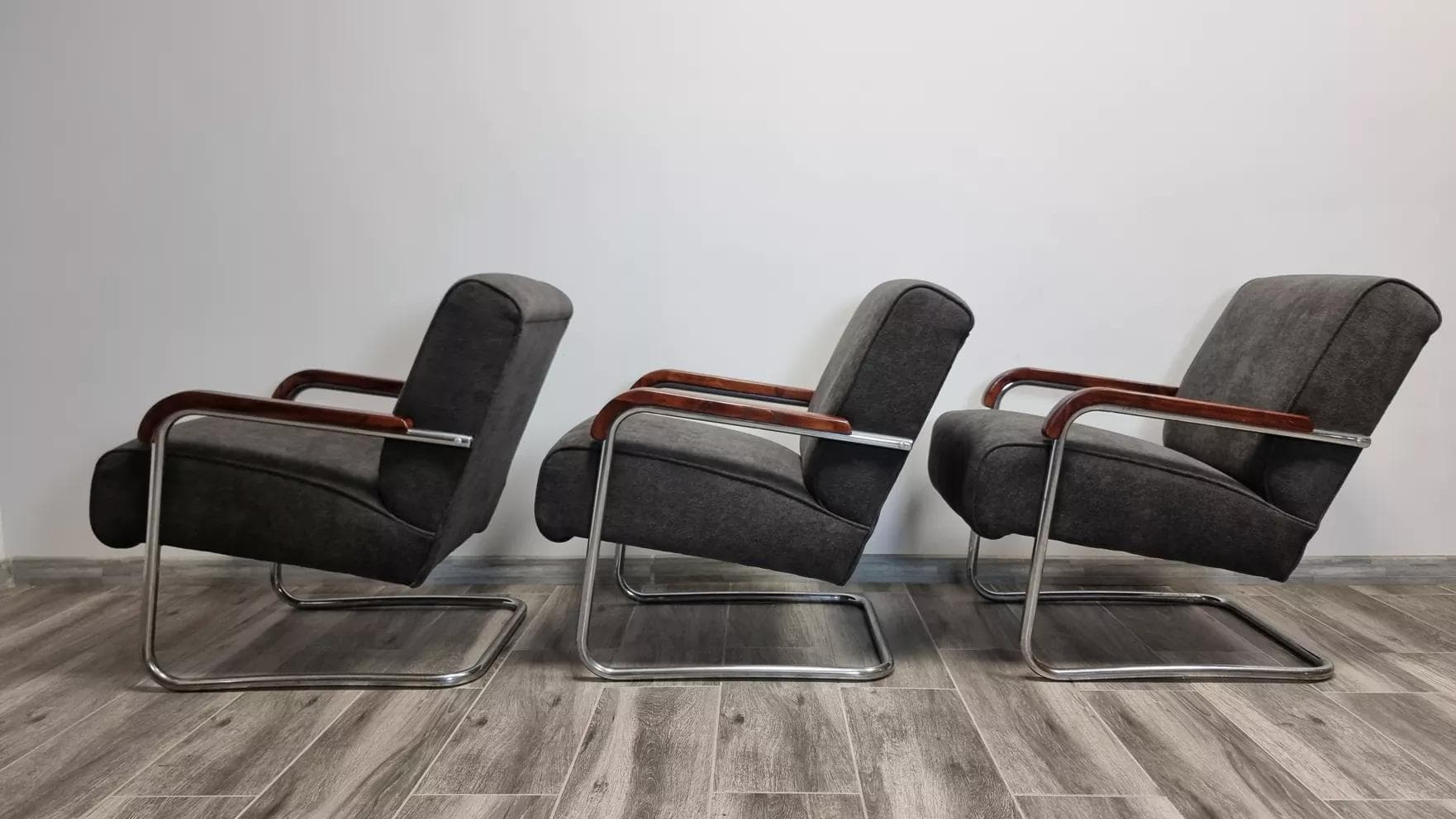 Armchairs Bauhaus, grey, chromed steel, walnut wood, by A. Lorenz, TON, Czech Republic, 1930s. - 48531