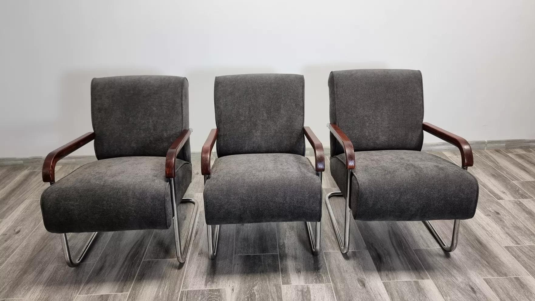 Armchairs Bauhaus, grey, chromed steel, walnut wood, by A. Lorenz, TON, Czech Republic, 1930s. - 48530