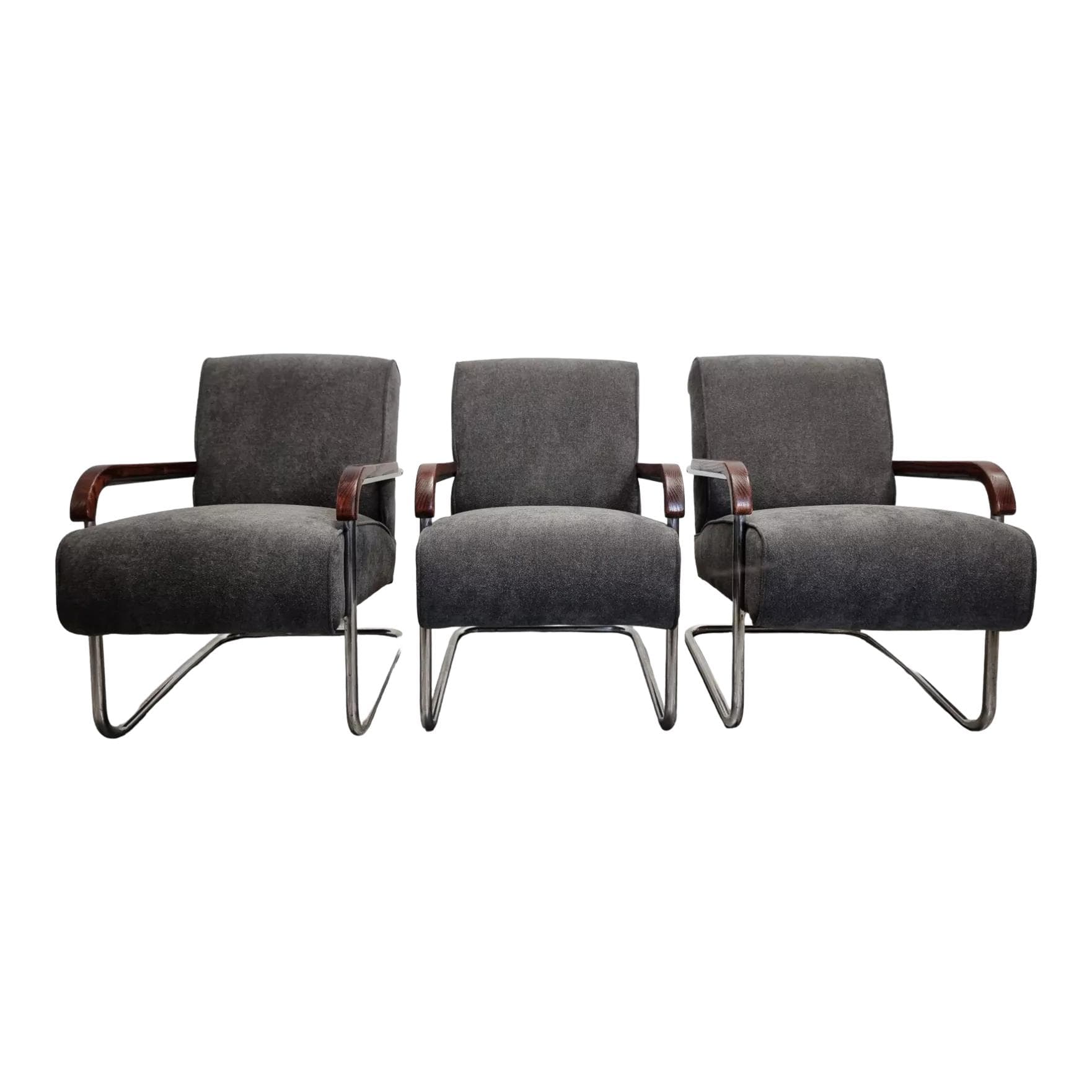 Armchairs Bauhaus, grey, chromed steel, walnut wood, by A. Lorenz, TON, Czech Republic, 1930s.