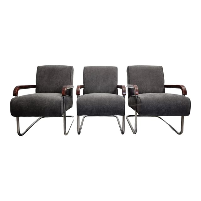 Armchairs Bauhaus, grey, chromed steel, walnut wood, by A. Lorenz, TON, Czech Republic, 1930s. - DIMENSION
