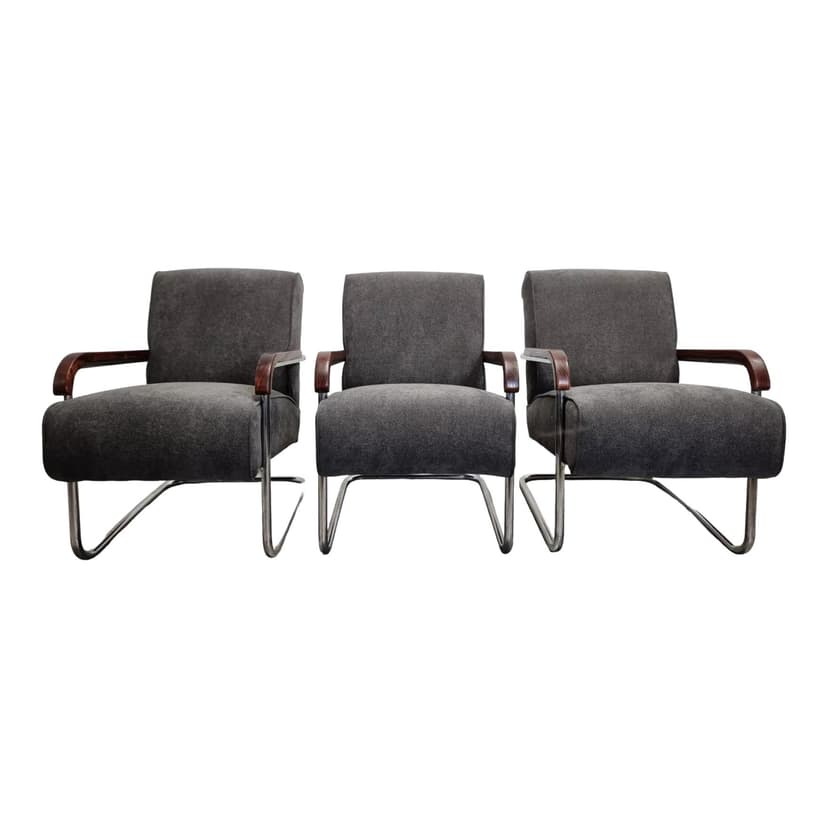 Armchairs Bauhaus, grey, chromed steel, walnut wood, by A. Lorenz, TON, Czech Republic, 1930s.