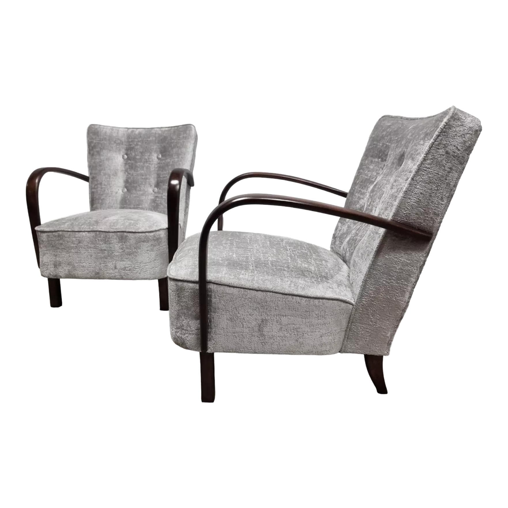 Pair of cocktail armchairs H-237, grey velvet, walnut, by J. Halabala, UP Závody, Czechoslovakia, 1950s.