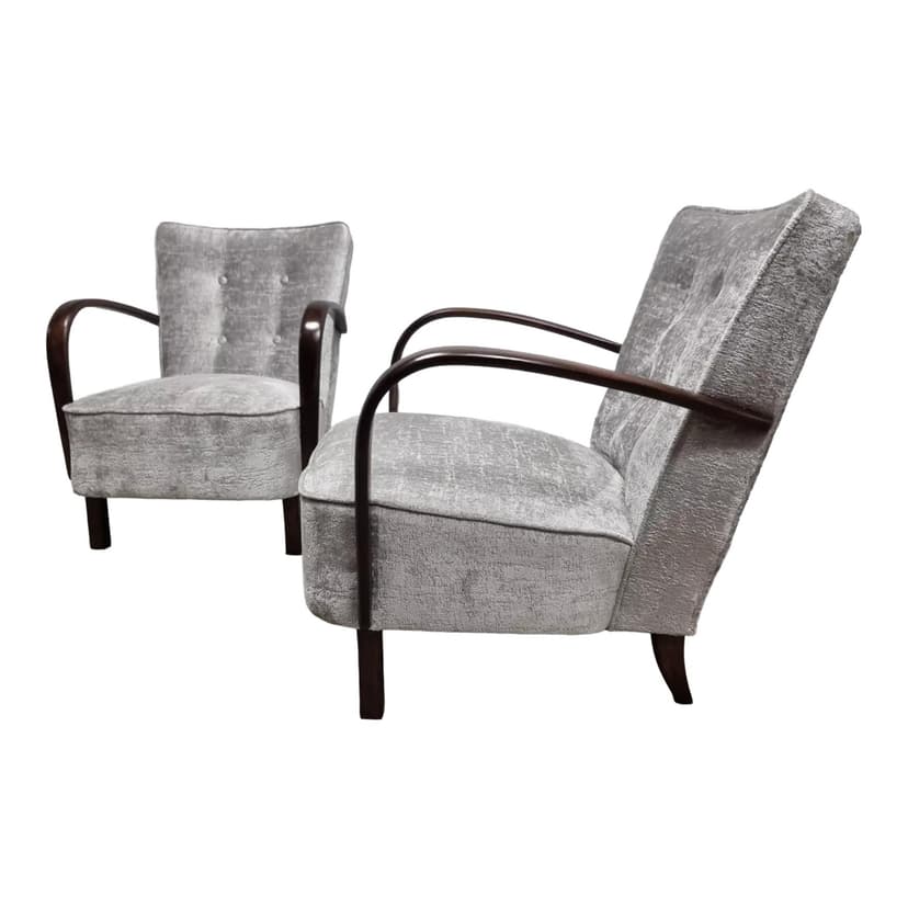 Pair of cocktail armchairs H-237, grey velvet, walnut, by J. Halabala, UP Závody, Czechoslovakia, 1950s.