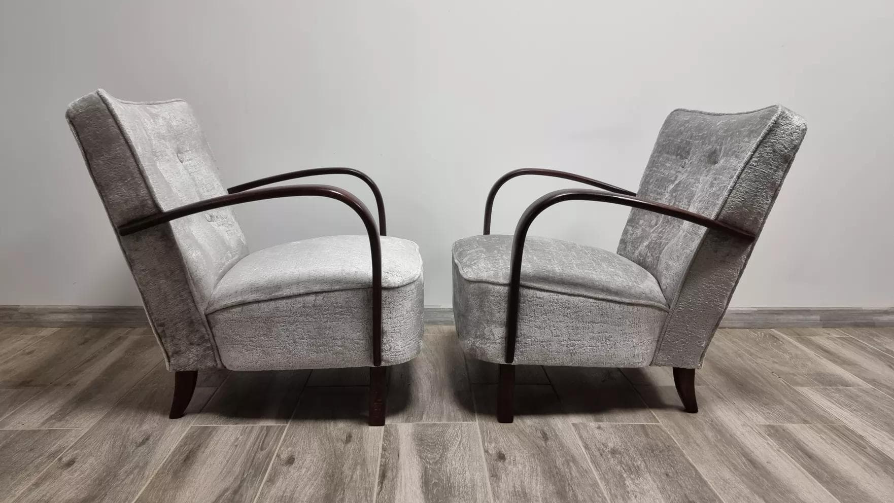 Pair of cocktail armchairs H-237, grey velvet, walnut, by J. Halabala, UP Závody, Czechoslovakia, 1950s. - 48527