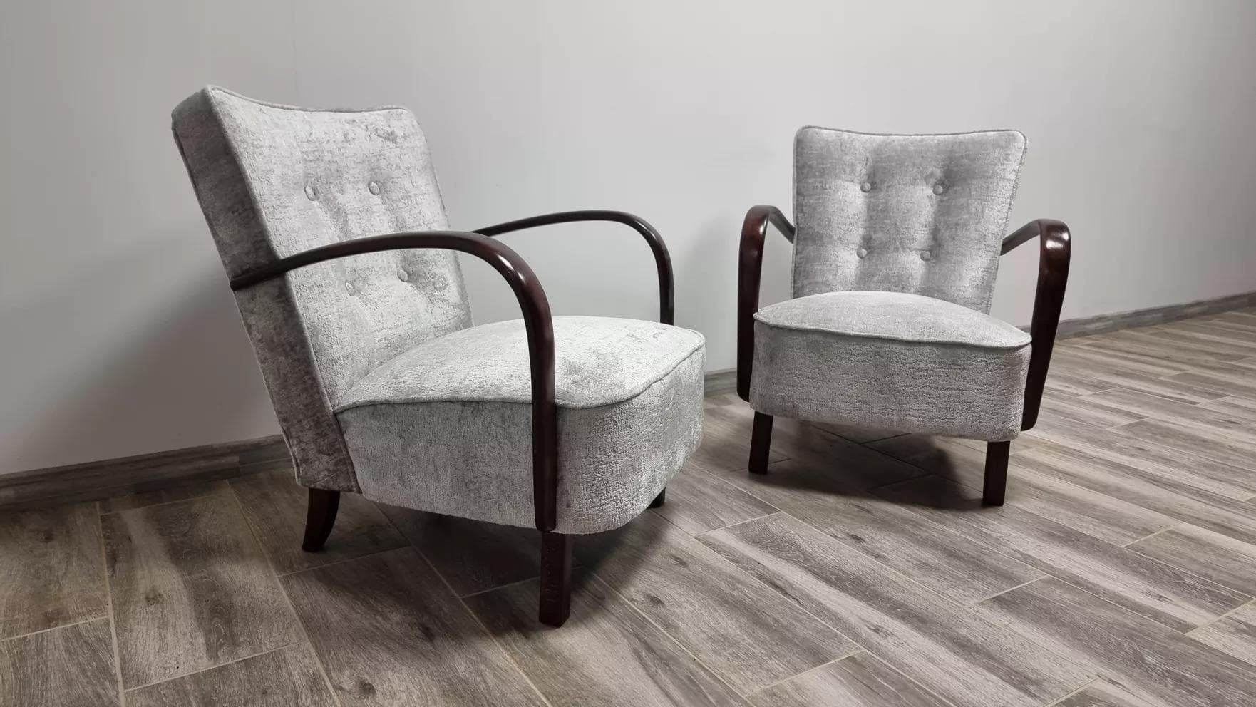 Pair of cocktail armchairs H-237, grey velvet, walnut, by J. Halabala, UP Závody, Czechoslovakia, 1950s. - 48526