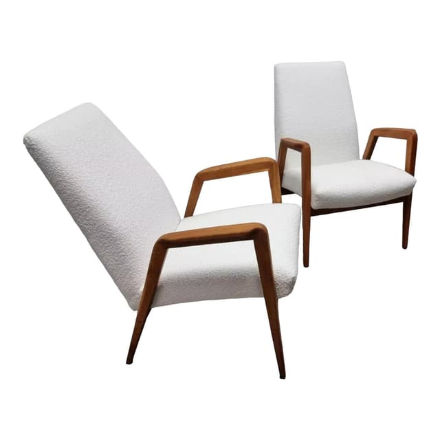 Pair of armchairs, ivory bouclé, oak-stained beech, by J. Vanek, UP Závody, Czechoslovakia, 1930s. - DIMENSION