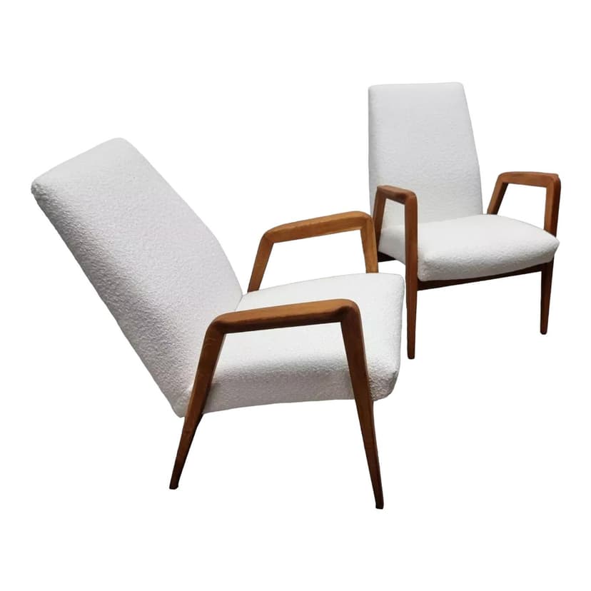 Pair of armchairs, ivory bouclé, oak-stained beech, by J. Vanek, UP Závody, Czechoslovakia, 1930s.