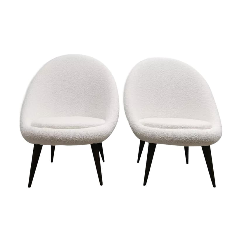 Pair of armchairs, white bouclé, wood, by L. Volak, Tatra Nabytok, Czechoslovakia, 1950s.