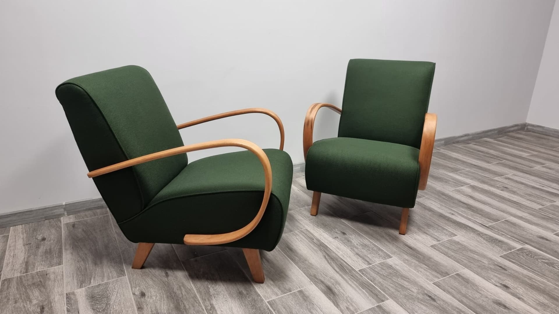 Pair of armchairs H 410, green, wood, by J. Halabala, UP Závody, Czechoslovakia, 1960s. - 48510