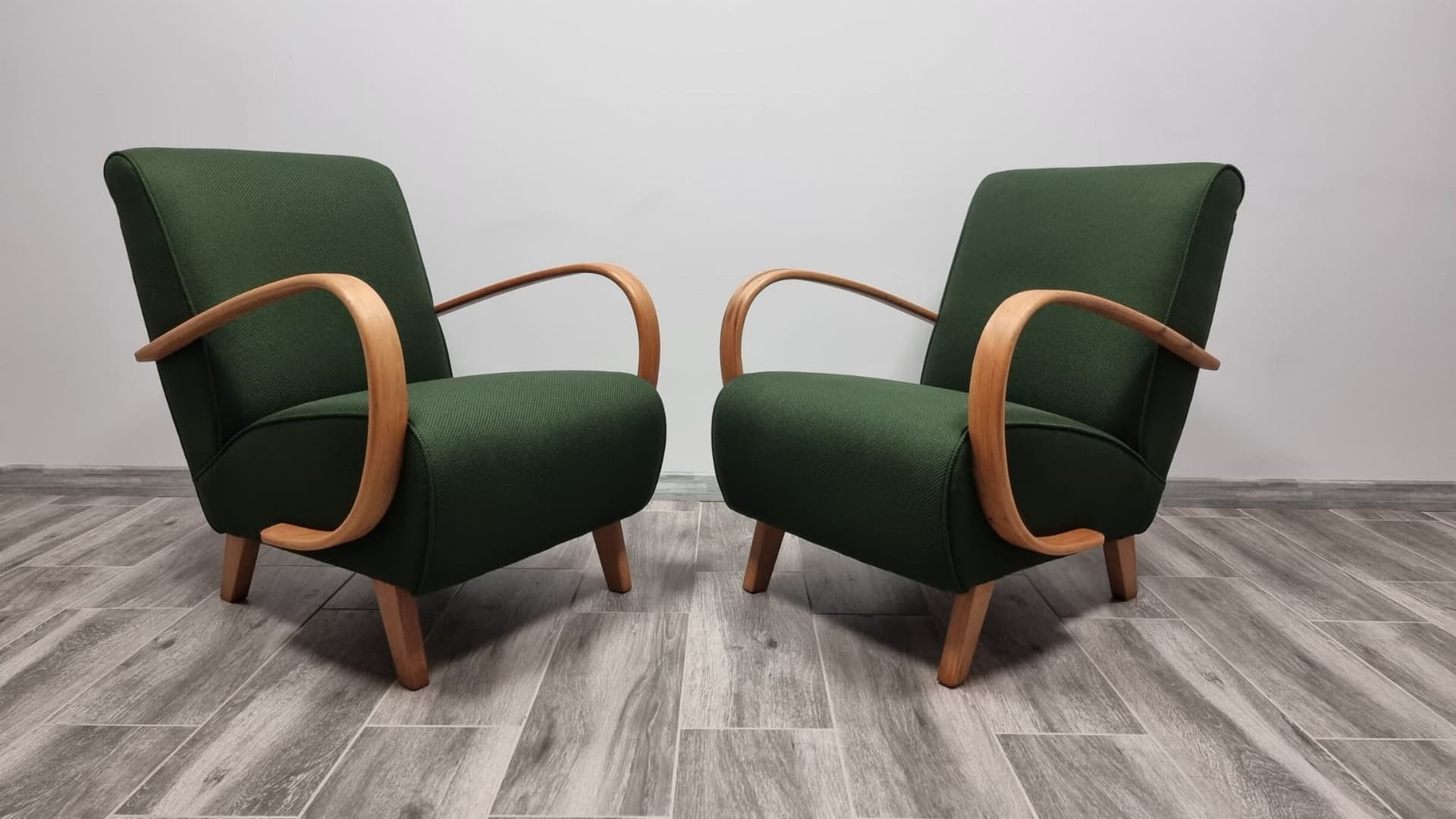 Pair of armchairs H 410, green, wood, by J. Halabala, UP Závody, Czechoslovakia, 1960s. - 48512